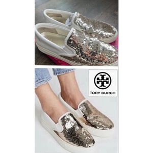 Tory Burch Glam Streetwear Luxury Calf Leather Gold Sequin Sneakers size 8.5